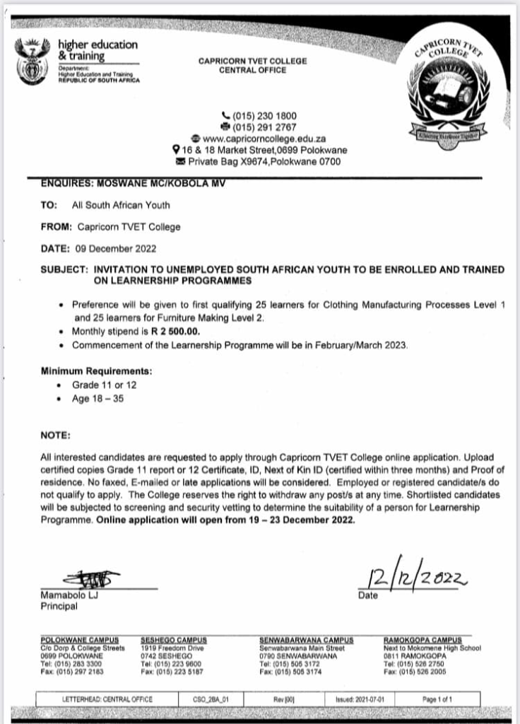 Capricorn TVET College Learnerships 2023 Youthcareerss co za